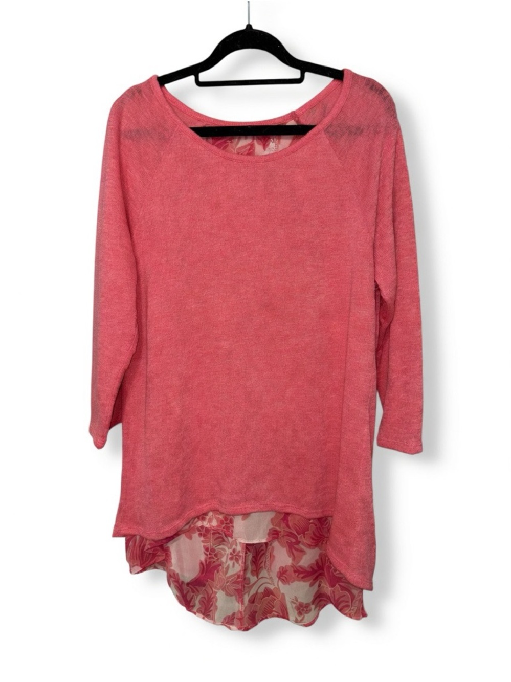 New York & Company Coral Knit Tunic with Floral Chiffon Hem